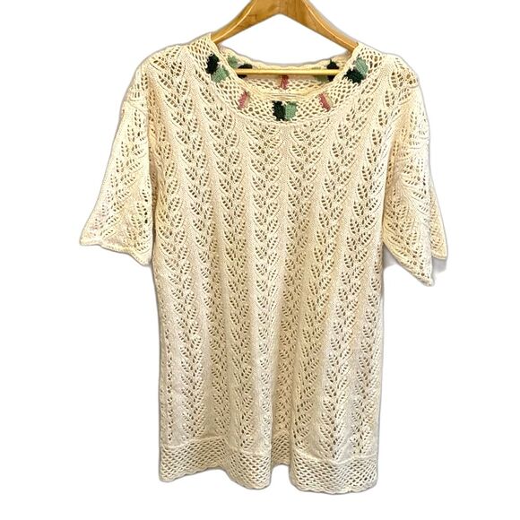 Vintage 80s Gina Peters Ivory Open Leaf Crochet Short Sleeve Tunic Sweater Sz L - Picture 1 of 12